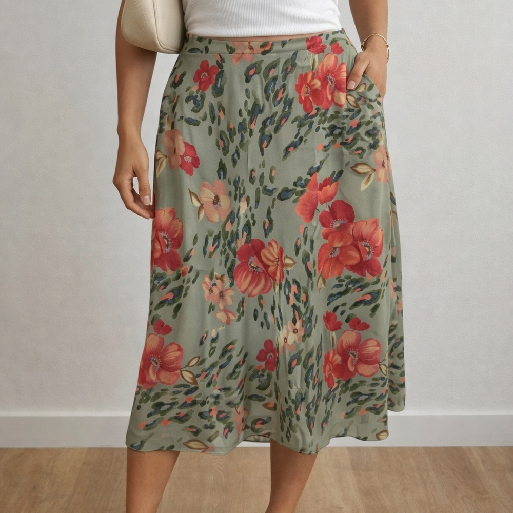 Clio Floral Midi Skirt in Sage Green and Red .